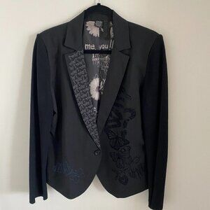 DESIGUAL WOMEN'S BLAZER SINGLE BREASTED EMBROIDERY ON ONE LAPEL ONE BUTTON SZ 44